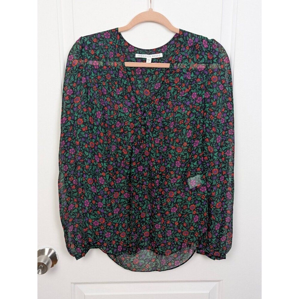 Veronica Beard | Black Multicolor Floral 100% Silk Blouse Long Sleeve Size 4